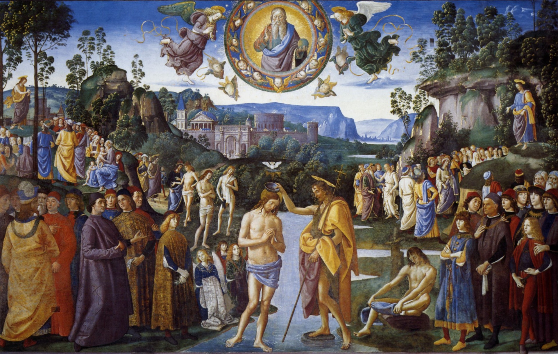 Pietro Perugino (c.1446-1523) og hans verksted. Freske, 335 x 540 cm, Det sixtinske kapell, Vatikanet.