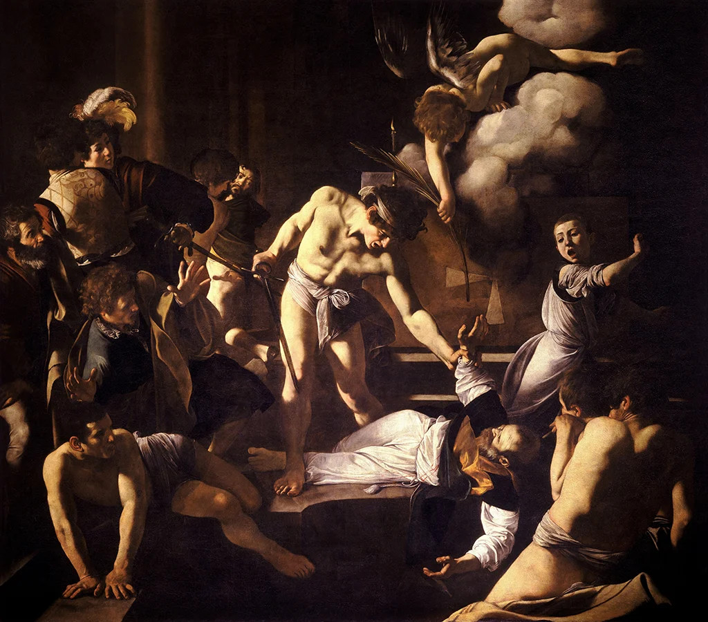 Bildet Matteus’ martyrium henger i Contarelli-kapellet i kirken San Luigi dei Francesi i Roma. Caravaggio var en italiensk maler som var grunnleggende for utviklingen av det barokke maleriet. Han er mest kjent for sine religiøse motiver, naturalistiske stil og markerte bruk av "chiaroscuro". Chiaroscuro (italiensk chiaroscuro, sammensatt av chiaro, av latin clarus, «lys», og oscuro, av latin obscurus, «mørk»)